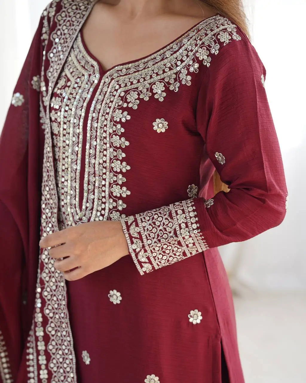 Designer Chinnon Silk Sharara Suit with Embroidery and Dupatta