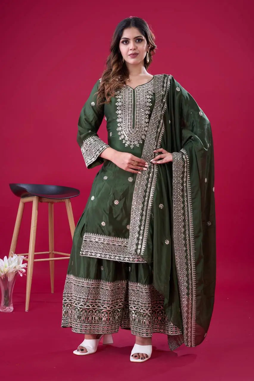Designer Chinnon Silk Sharara Suit with Embroidery and Dupatta