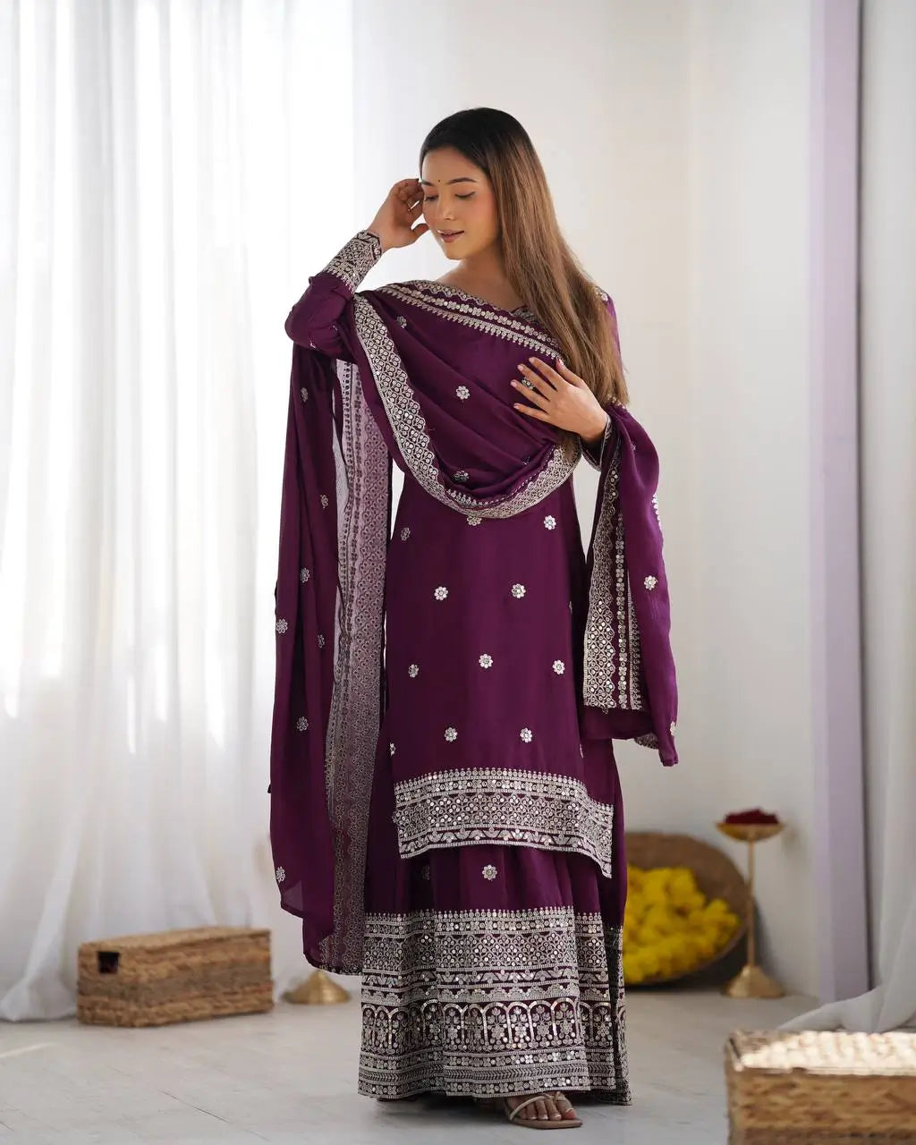 Designer Chinnon Silk Sharara Suit with Embroidery and Dupatta