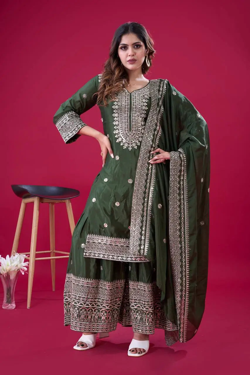 Designer Chinnon Silk Sharara Suit with Embroidery and Dupatta