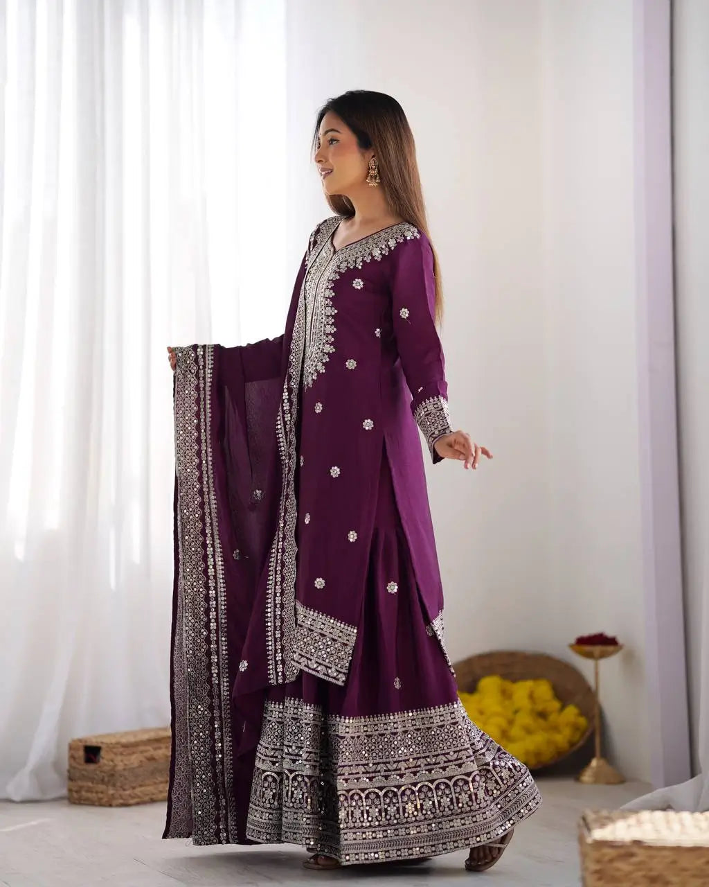 Designer Chinnon Silk Sharara Suit with Embroidery and Dupatta