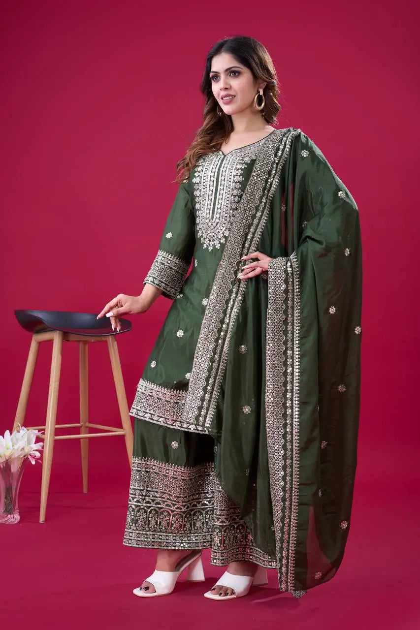 Designer Chinnon Silk Sharara Suit with Embroidery and Dupatta