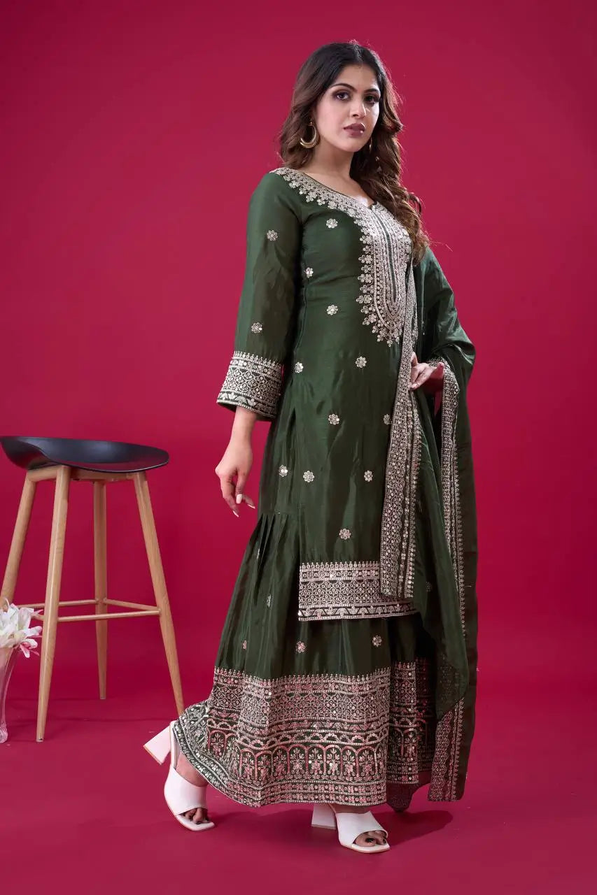 Designer Chinnon Silk Sharara Suit with Embroidery and Dupatta