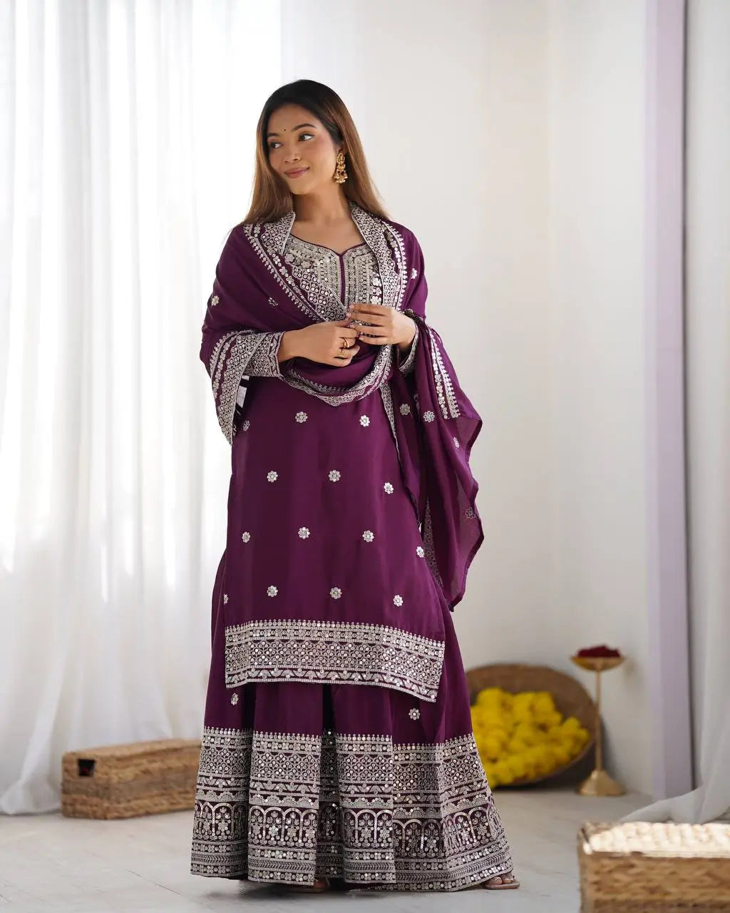 Designer Chinnon Silk Sharara Suit with Embroidery and Dupatta