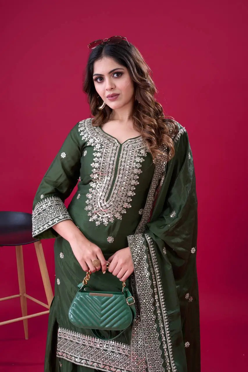 Designer Chinnon Silk Sharara Suit with Embroidery and Dupatta