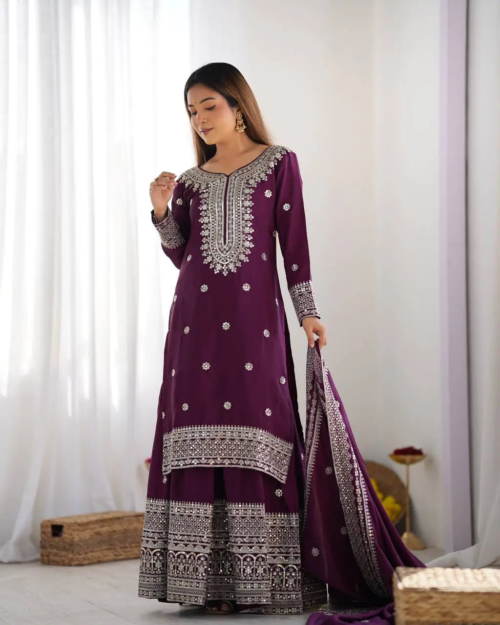 Designer Chinnon Silk Sharara Suit with Embroidery and Dupatta