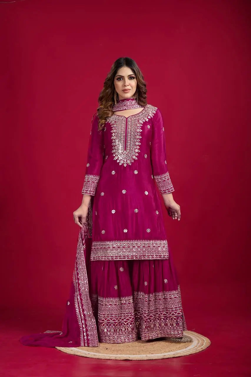 Designer Chinnon Silk Sharara Suit with Embroidery and Dupatta