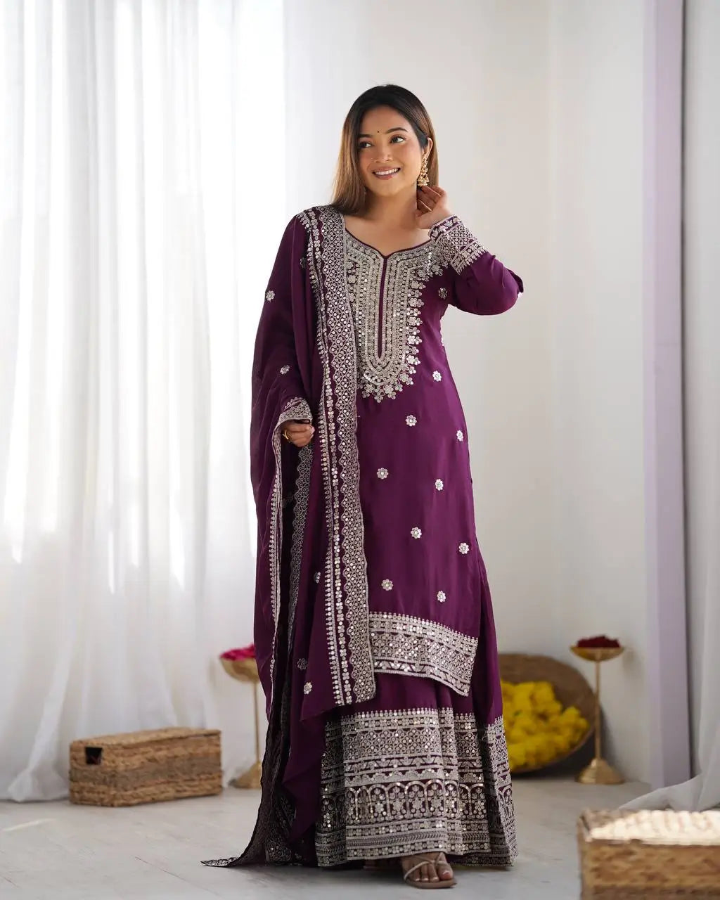 Designer Chinnon Silk Sharara Suit with Embroidery and Dupatta