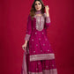 Designer Chinnon Silk Sharara Suit with Embroidery and Dupatta