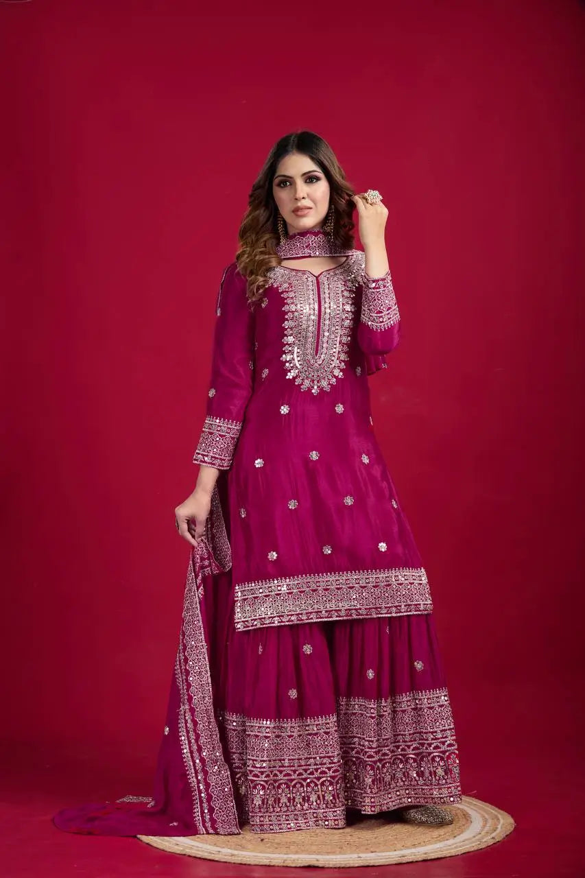 Designer Chinnon Silk Sharara Suit with Embroidery and Dupatta