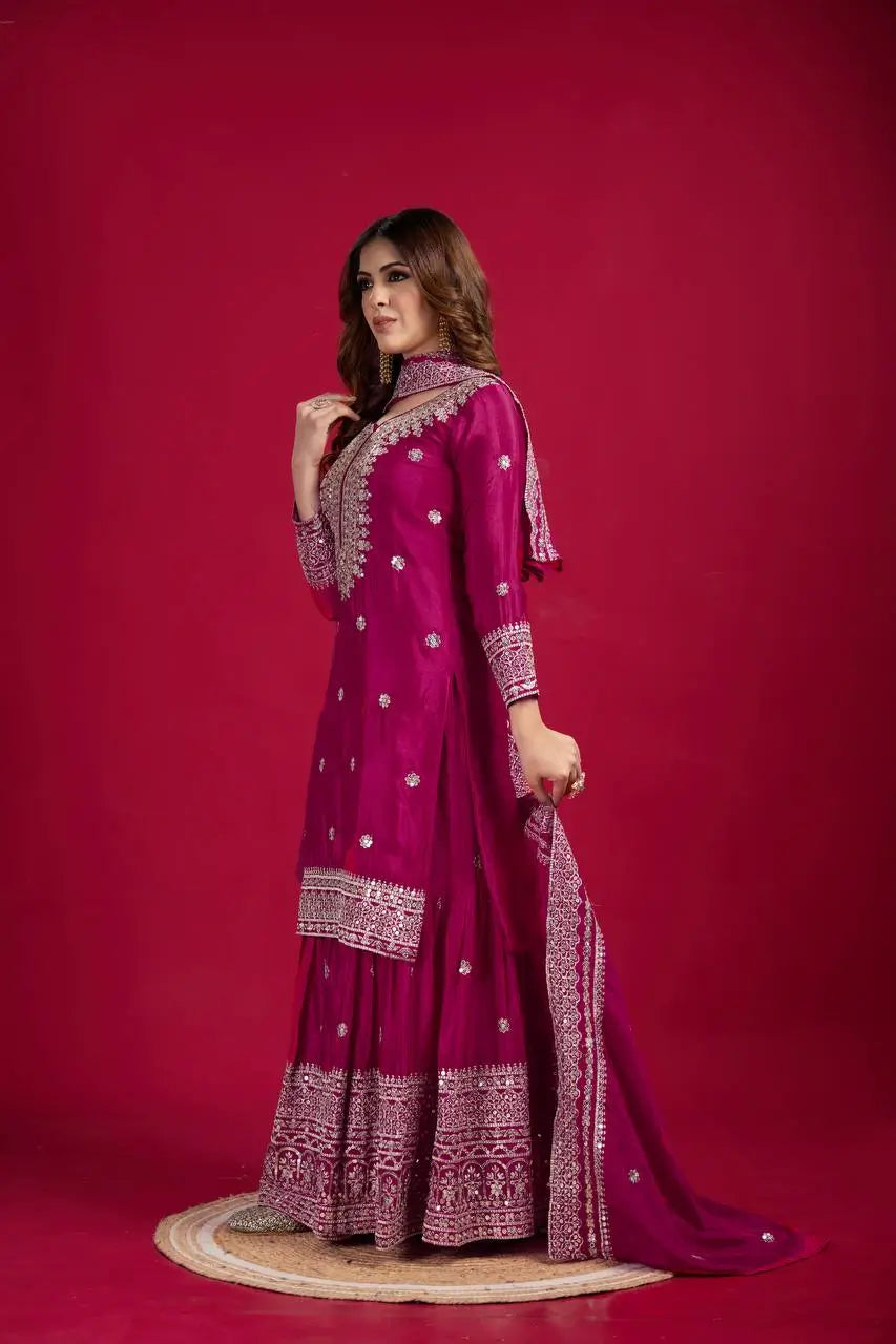 Designer Chinnon Silk Sharara Suit with Embroidery and Dupatta