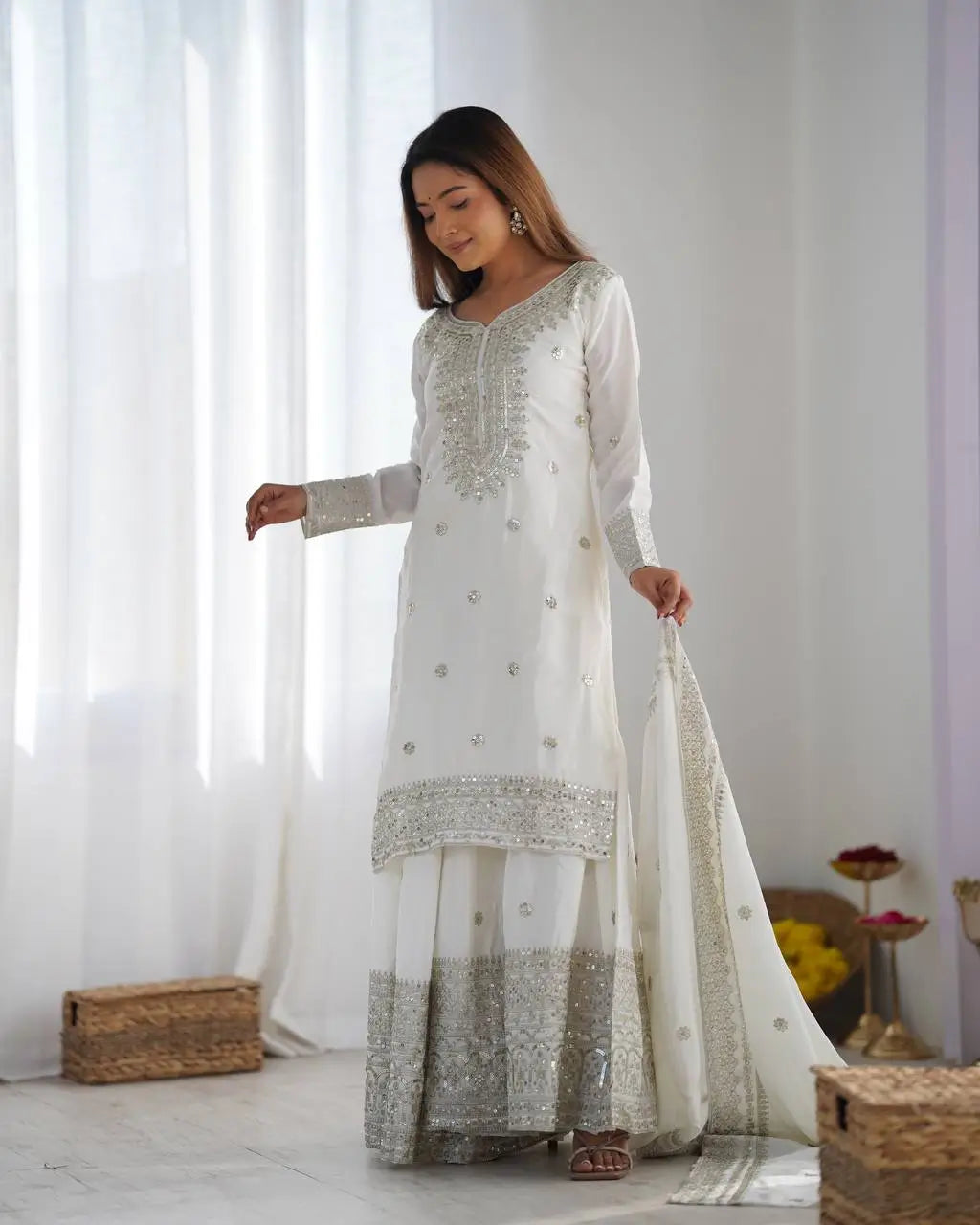 Designer Chinnon Silk Sharara Suit with Embroidery and Dupatta