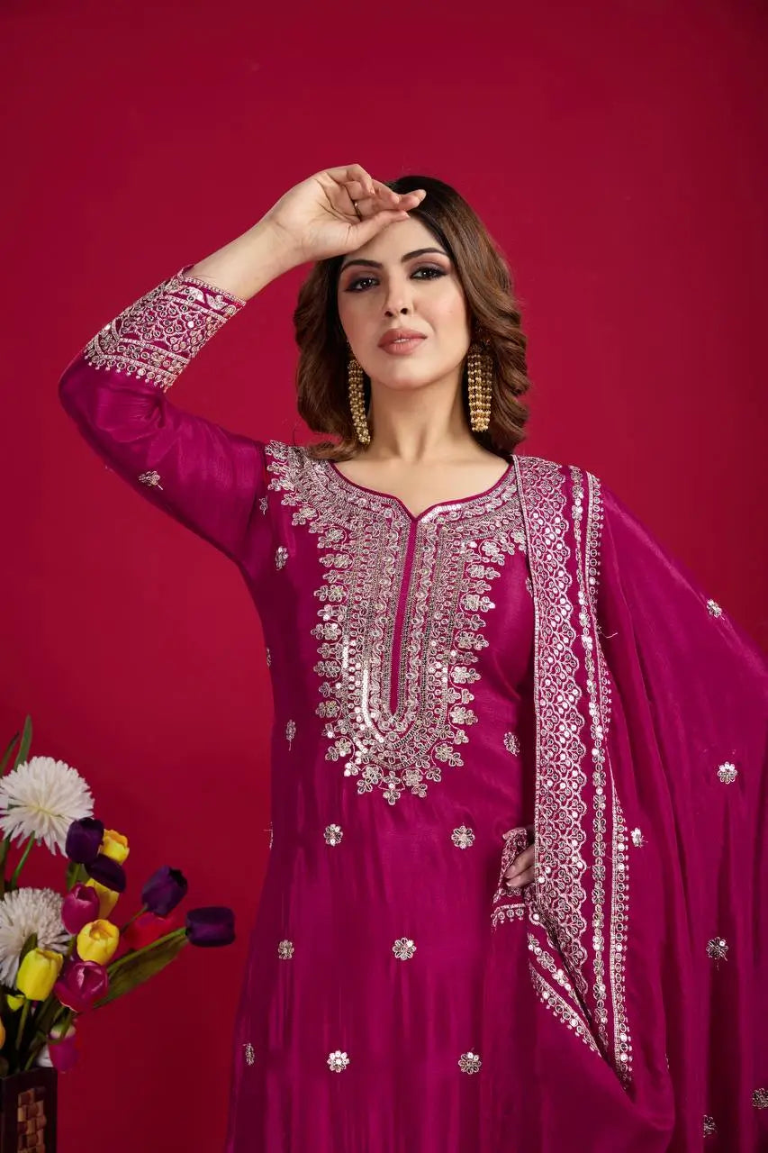 Designer Chinnon Silk Sharara Suit with Embroidery and Dupatta
