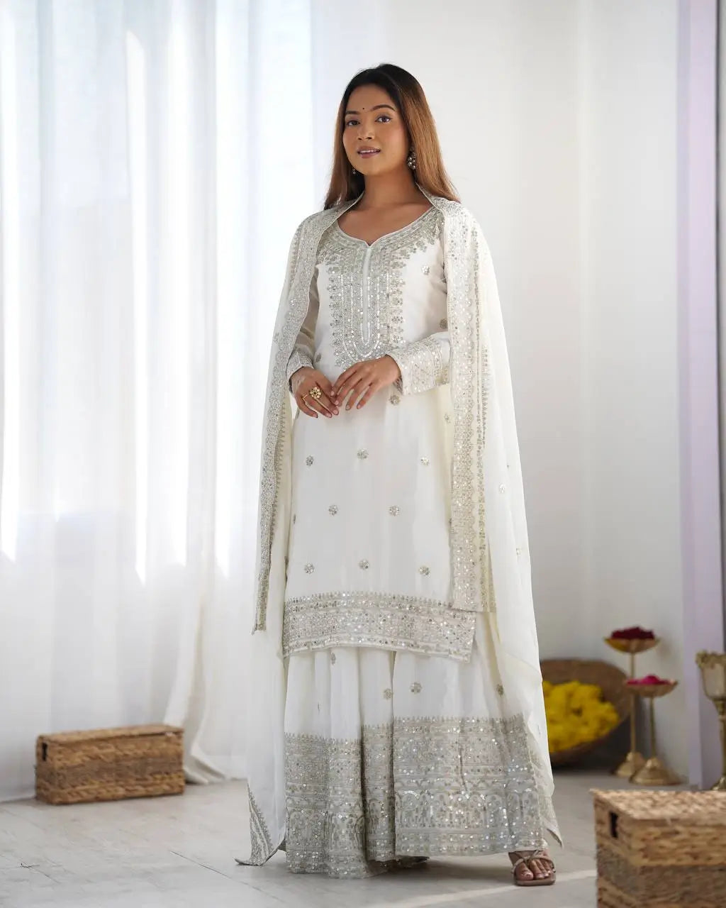Designer Chinnon Silk Sharara Suit with Embroidery and Dupatta