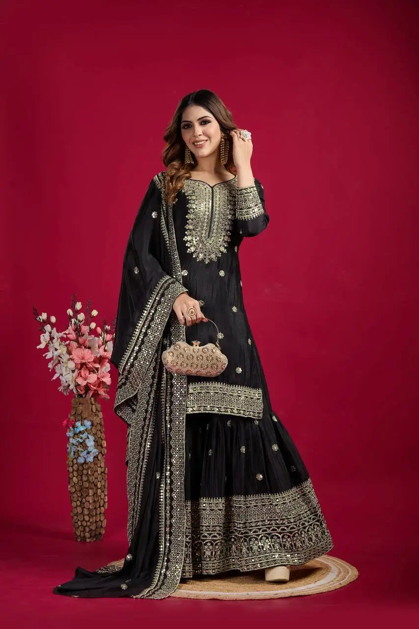 Designer Chinnon Silk Sharara Suit with Embroidery and Dupatta