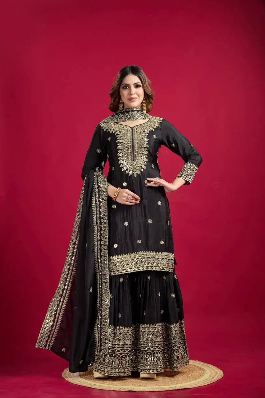 Designer Chinnon Silk Sharara Suit with Embroidery and Dupatta