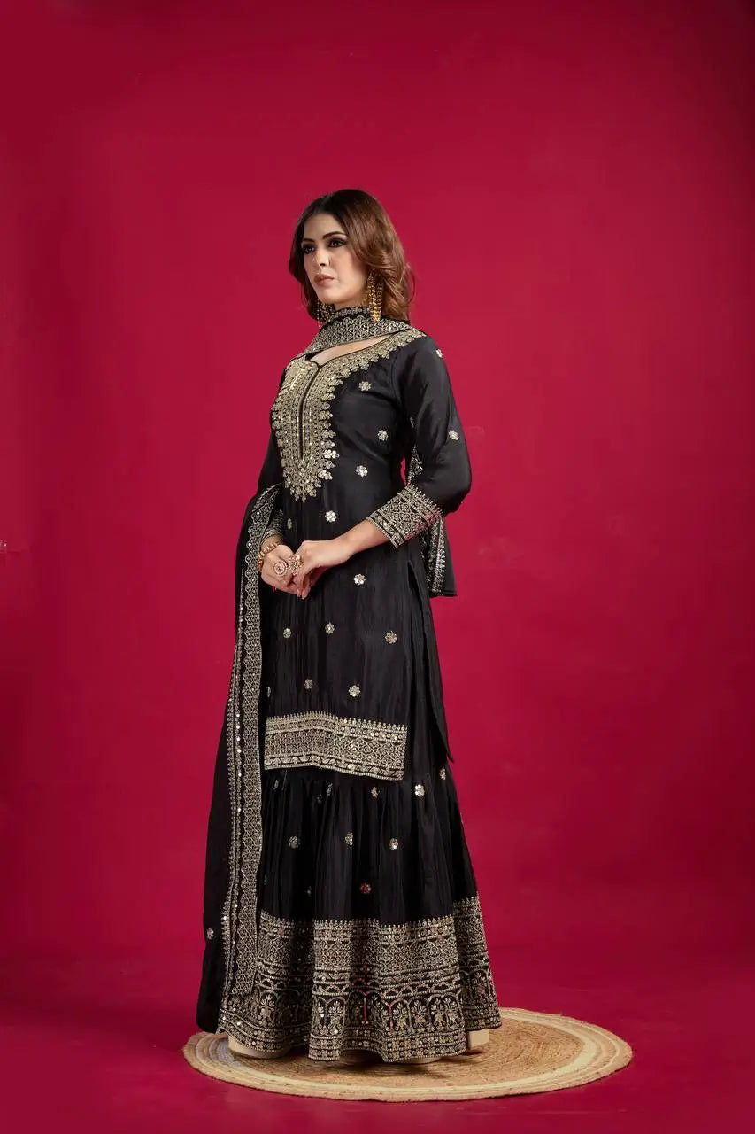 Designer Chinnon Silk Sharara Suit with Embroidery and Dupatta