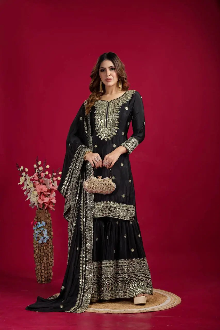 Designer Chinnon Silk Sharara Suit with Embroidery and Dupatta