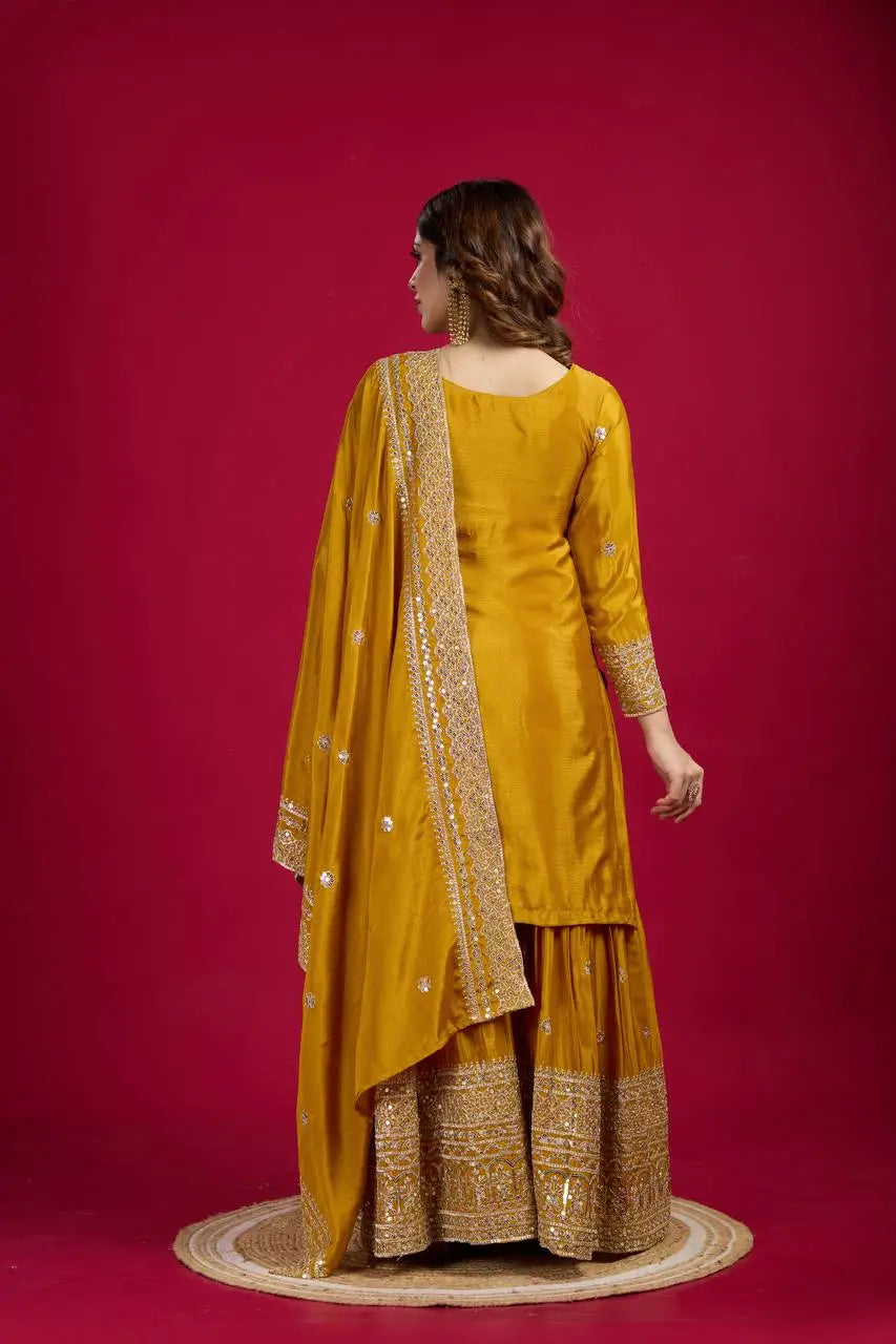 Designer Chinnon Silk Sharara Suit with Embroidery and Dupatta