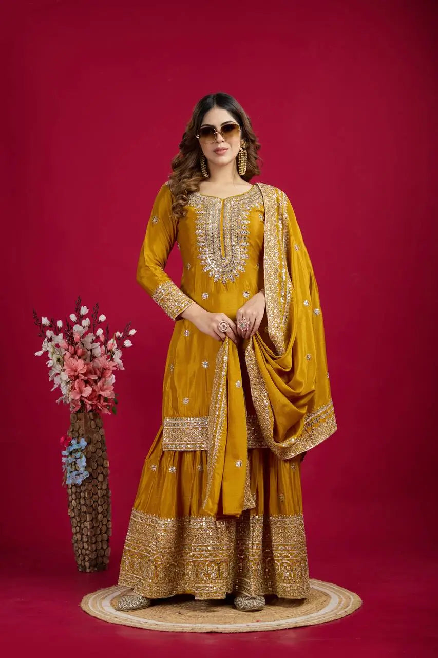 Designer Chinnon Silk Sharara Suit with Embroidery and Dupatta