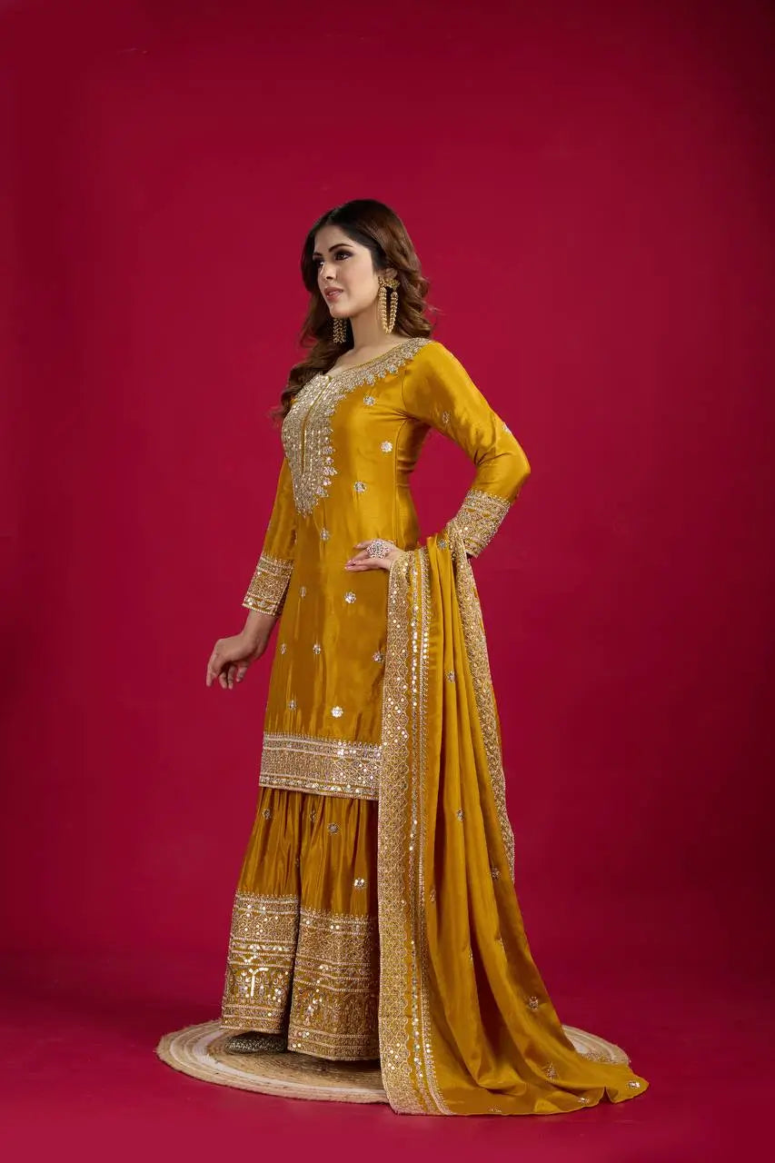 Designer Chinnon Silk Sharara Suit with Embroidery and Dupatta