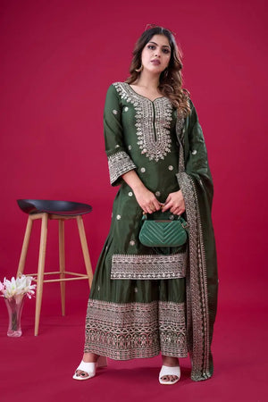 Designer Chinnon Silk Sharara Suit with Embroidery and Dupatta
