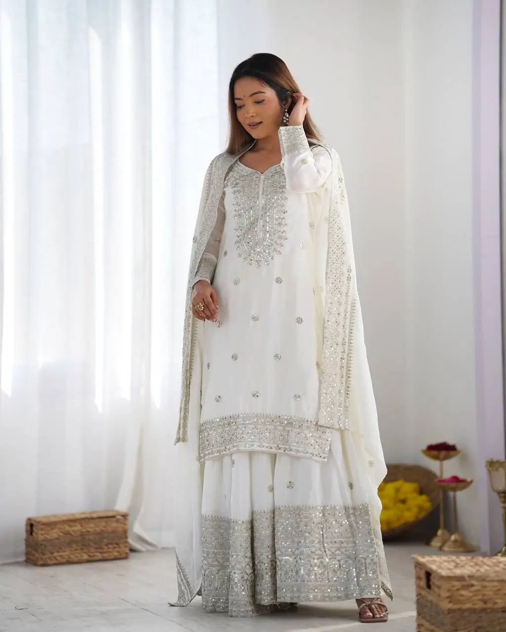 Designer Chinnon Silk Sharara Suit with Embroidery and Dupatta