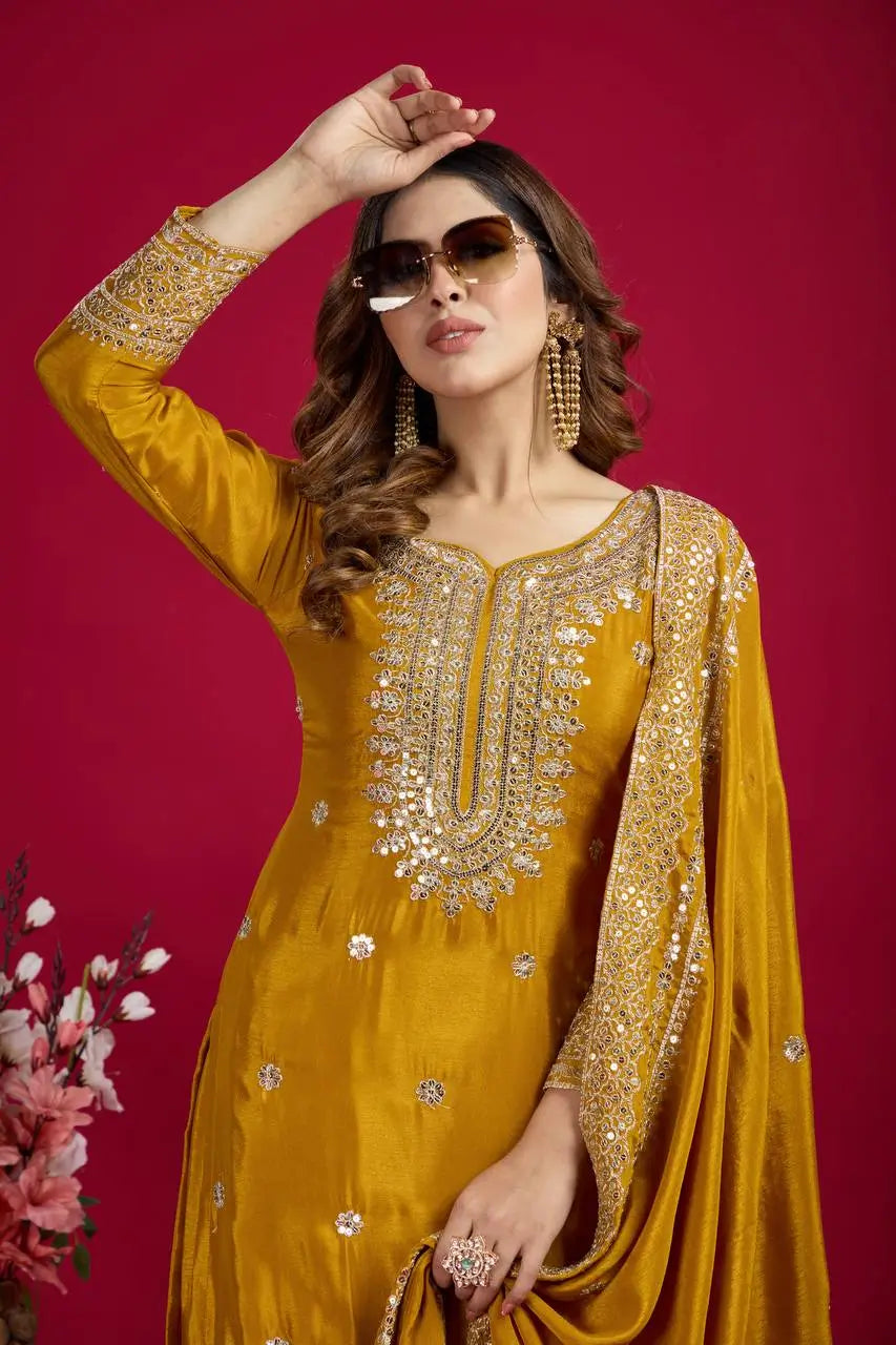 Designer Chinnon Silk Sharara Suit with Embroidery and Dupatta