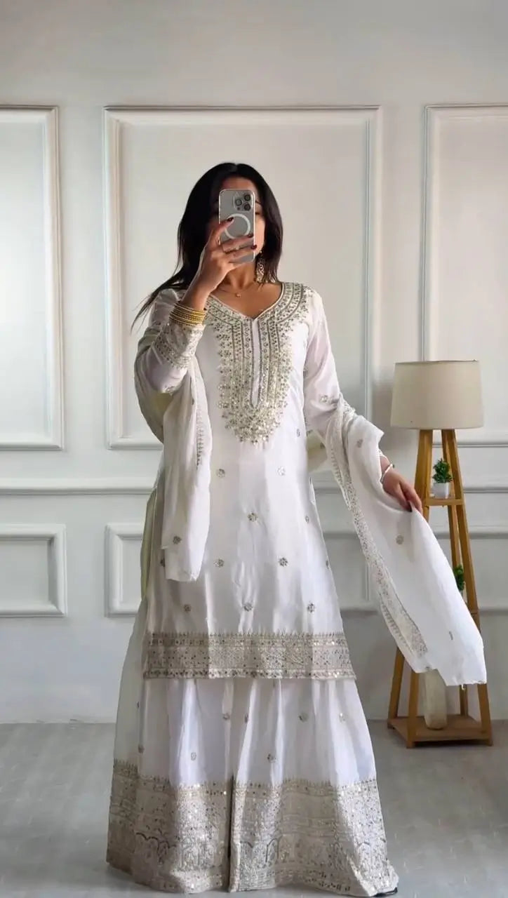Designer Chinnon Silk Sharara Suit with Embroidery and Dupatta
