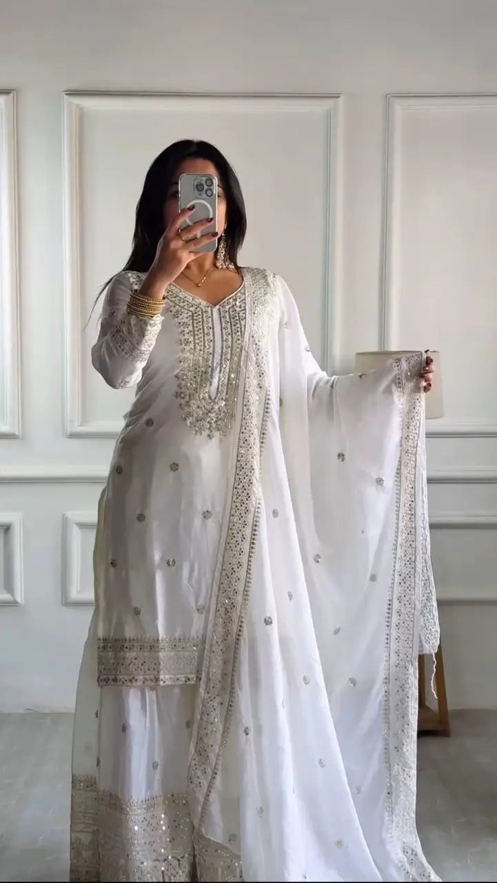 Designer Chinnon Silk Sharara Suit with Embroidery and Dupatta