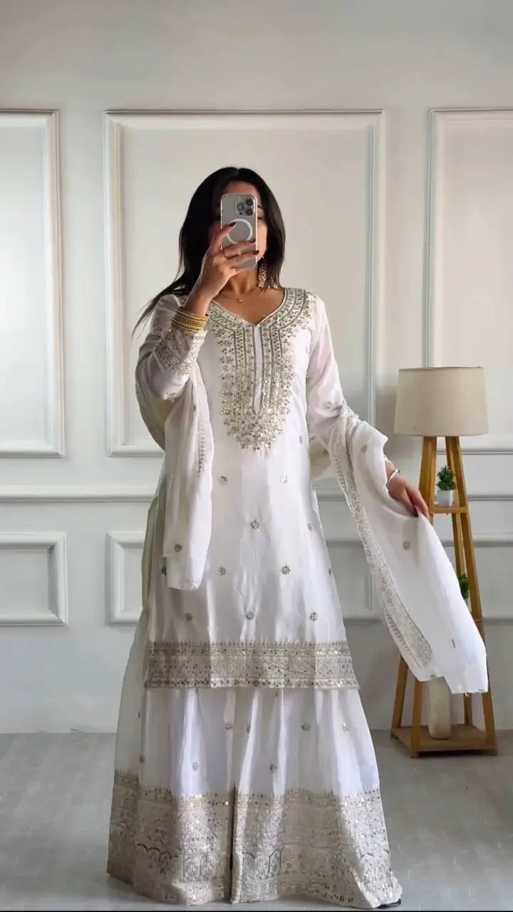 Designer Chinnon Silk Sharara Suit with Embroidery and Dupatta