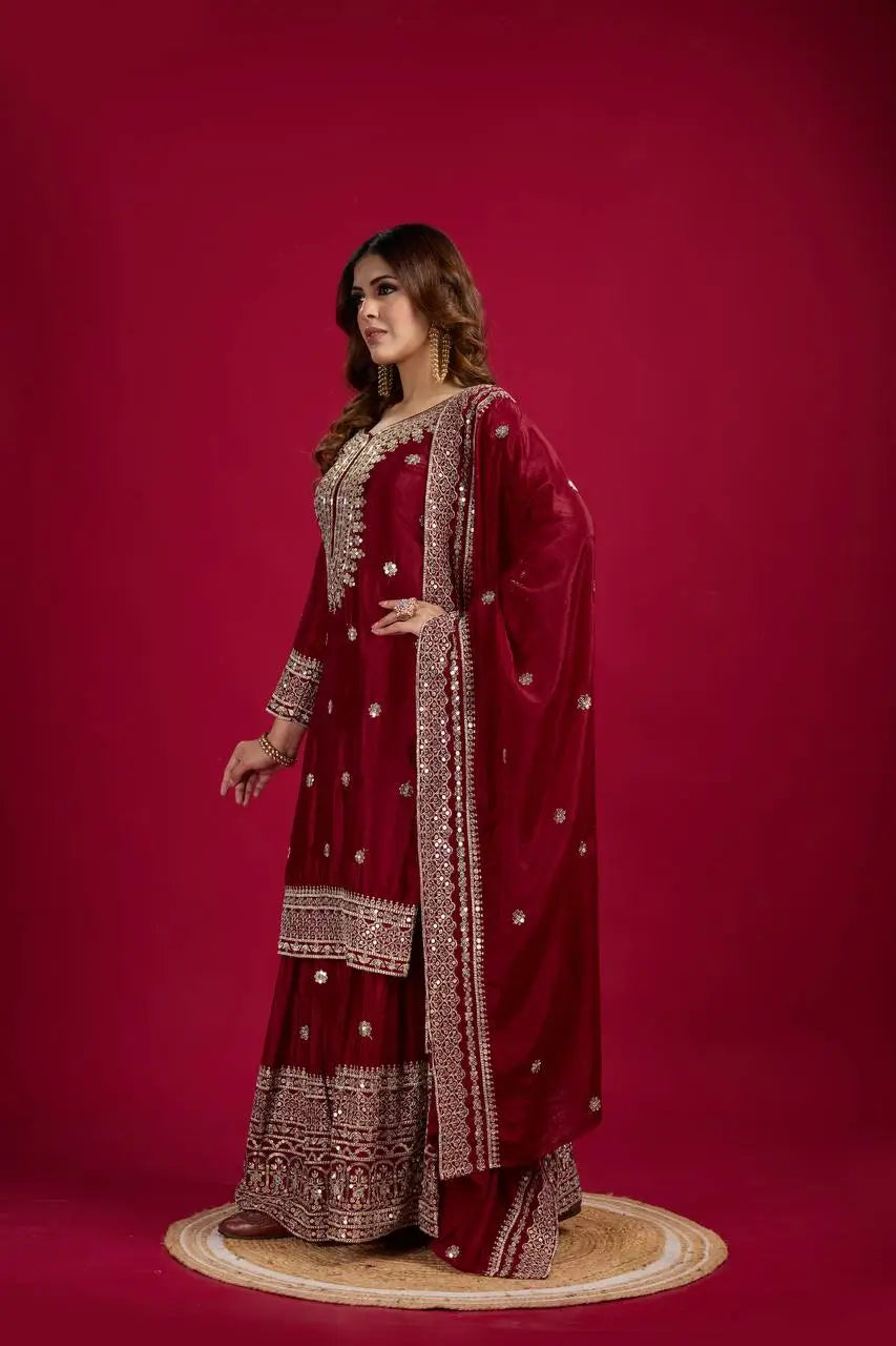 Designer Chinnon Silk Sharara Suit with Embroidery and Dupatta