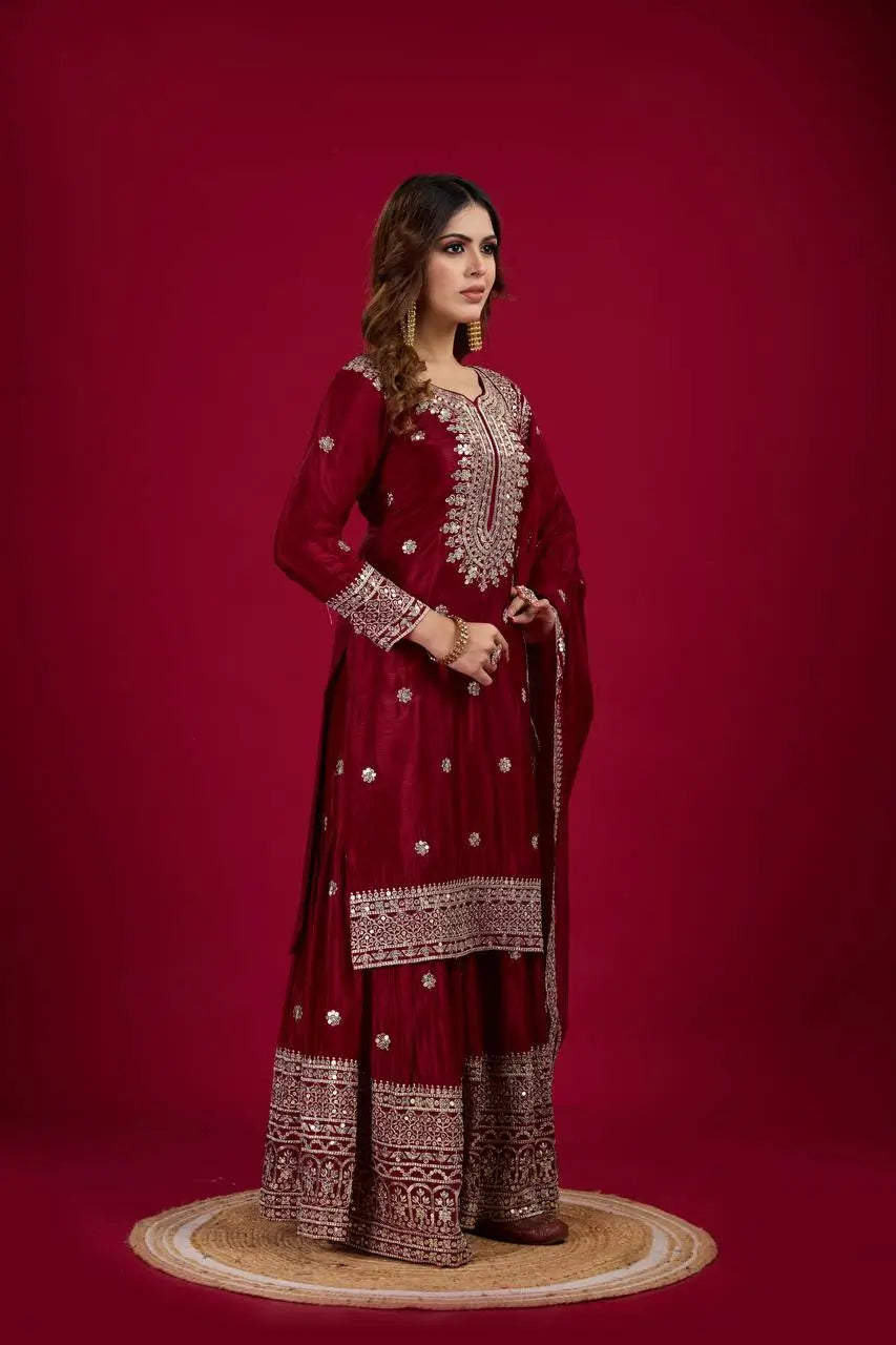 Designer Chinnon Silk Sharara Suit with Embroidery and Dupatta