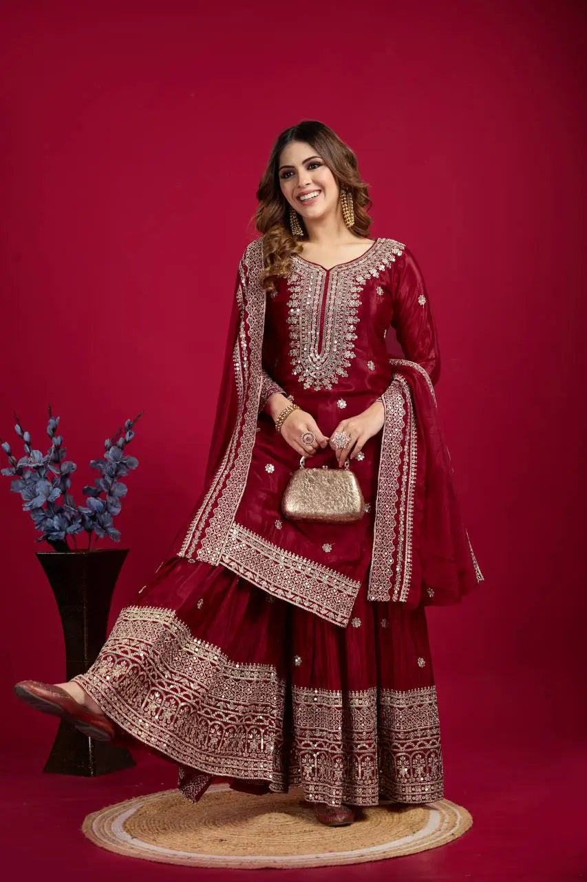 Designer Chinnon Silk Sharara Suit with Embroidery and Dupatta