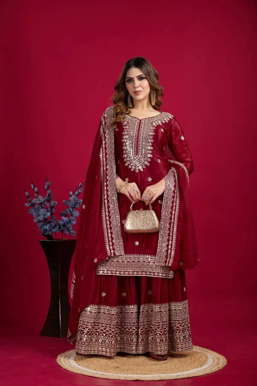 Designer Chinnon Silk Sharara Suit with Embroidery and Dupatta