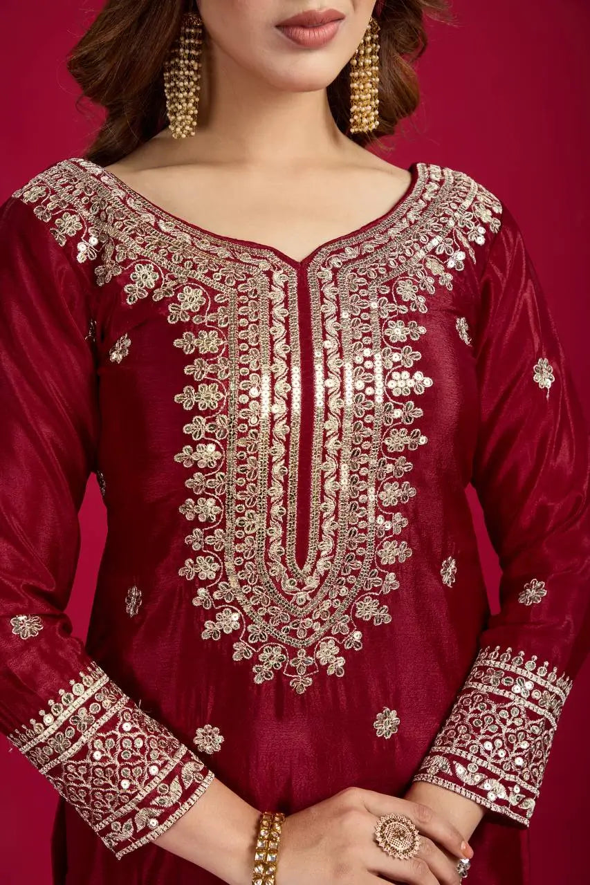 Designer Chinnon Silk Sharara Suit with Embroidery and Dupatta