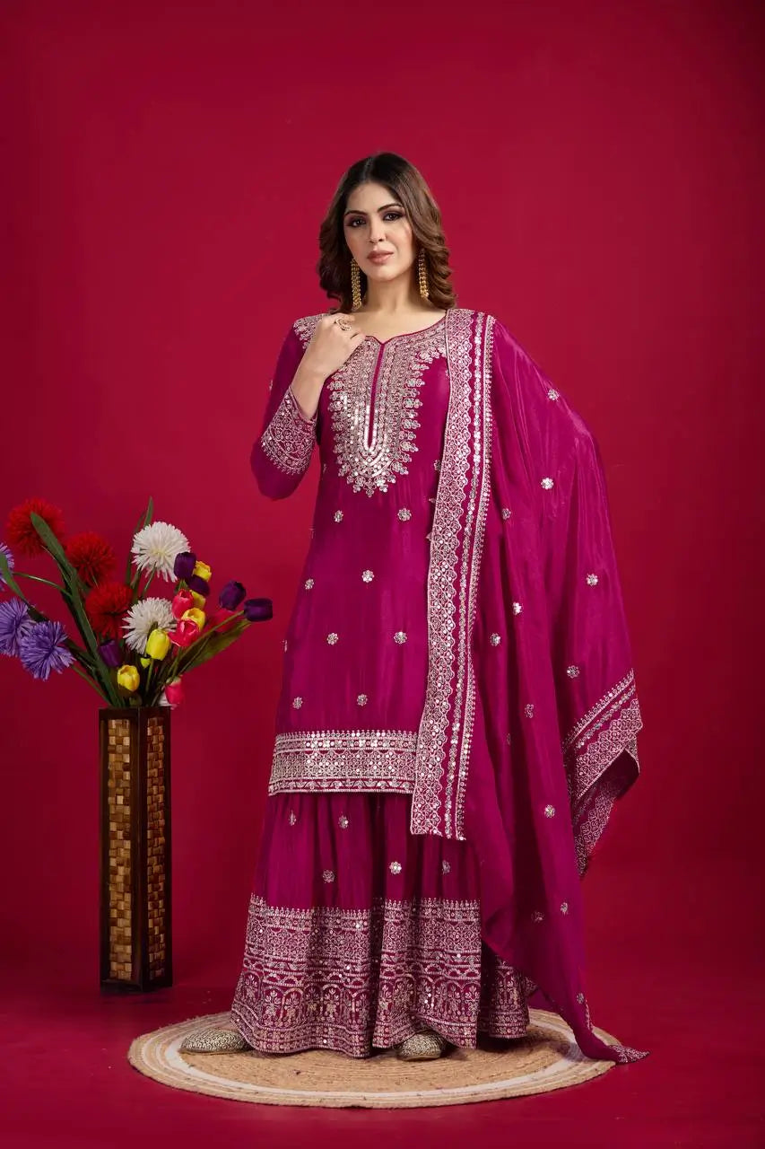 Designer Chinnon Silk Sharara Suit with Embroidery and Dupatta