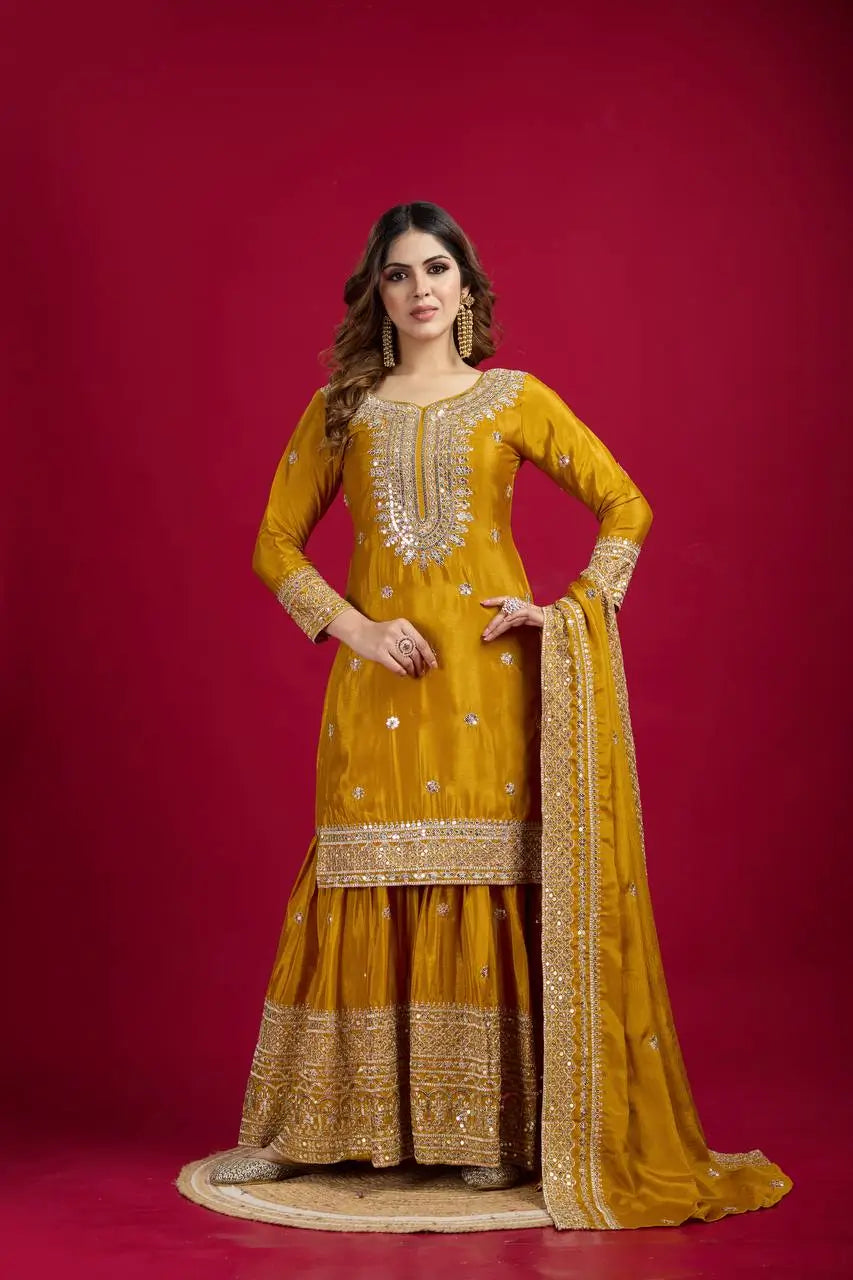 Designer Chinnon Silk Sharara Suit with Embroidery and Dupatta