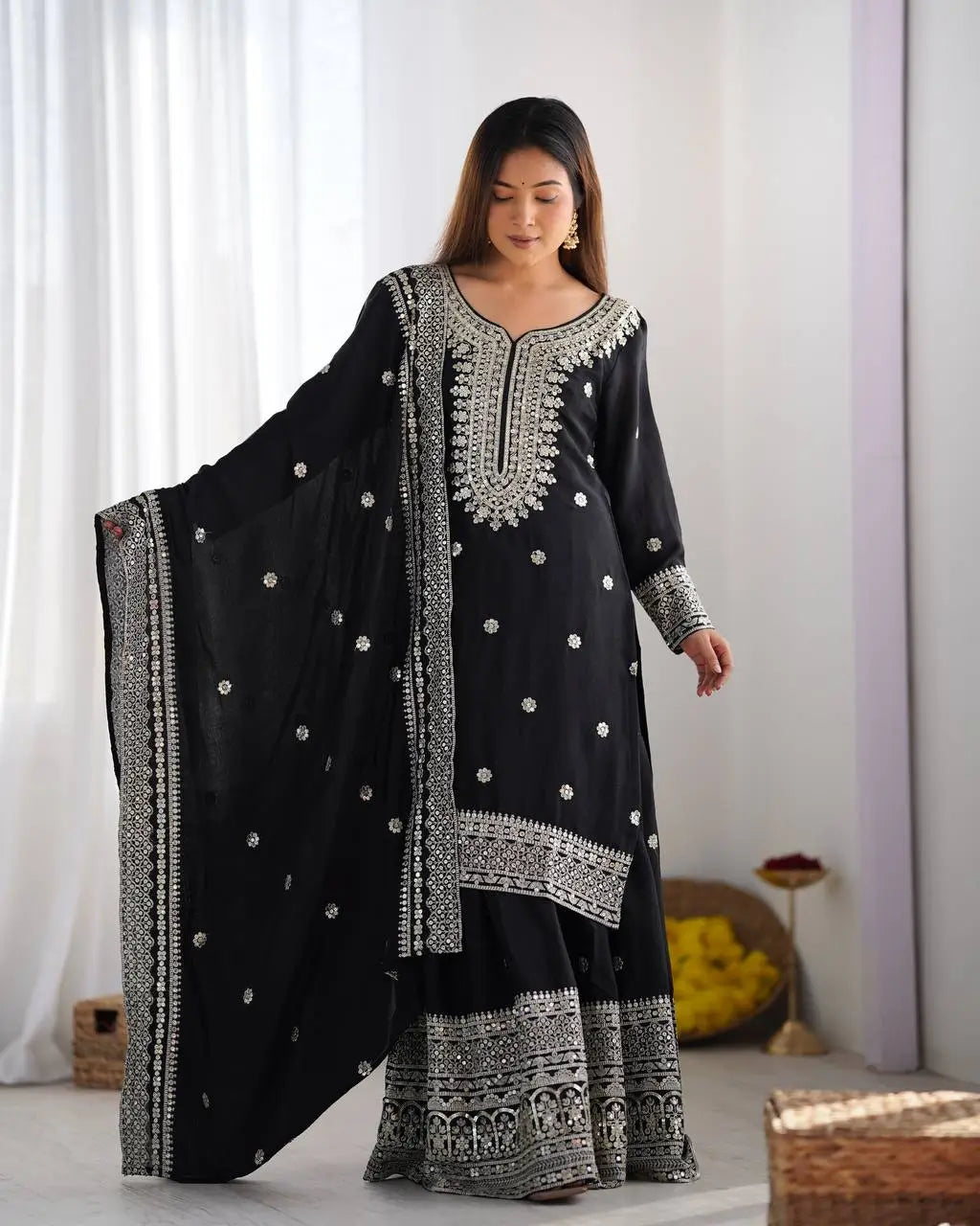 Designer Chinnon Silk Sharara Suit with Embroidery and Dupatta