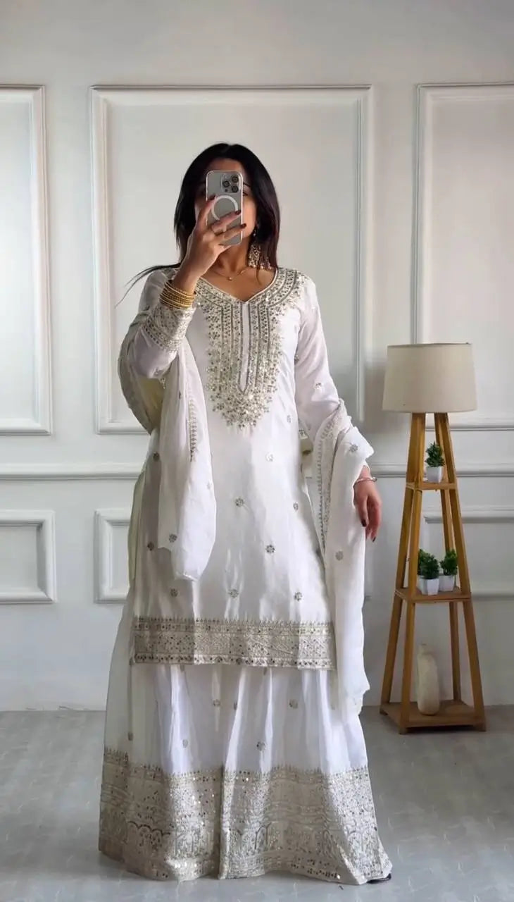 Designer Chinnon Silk Sharara Suit with Embroidery and Dupatta