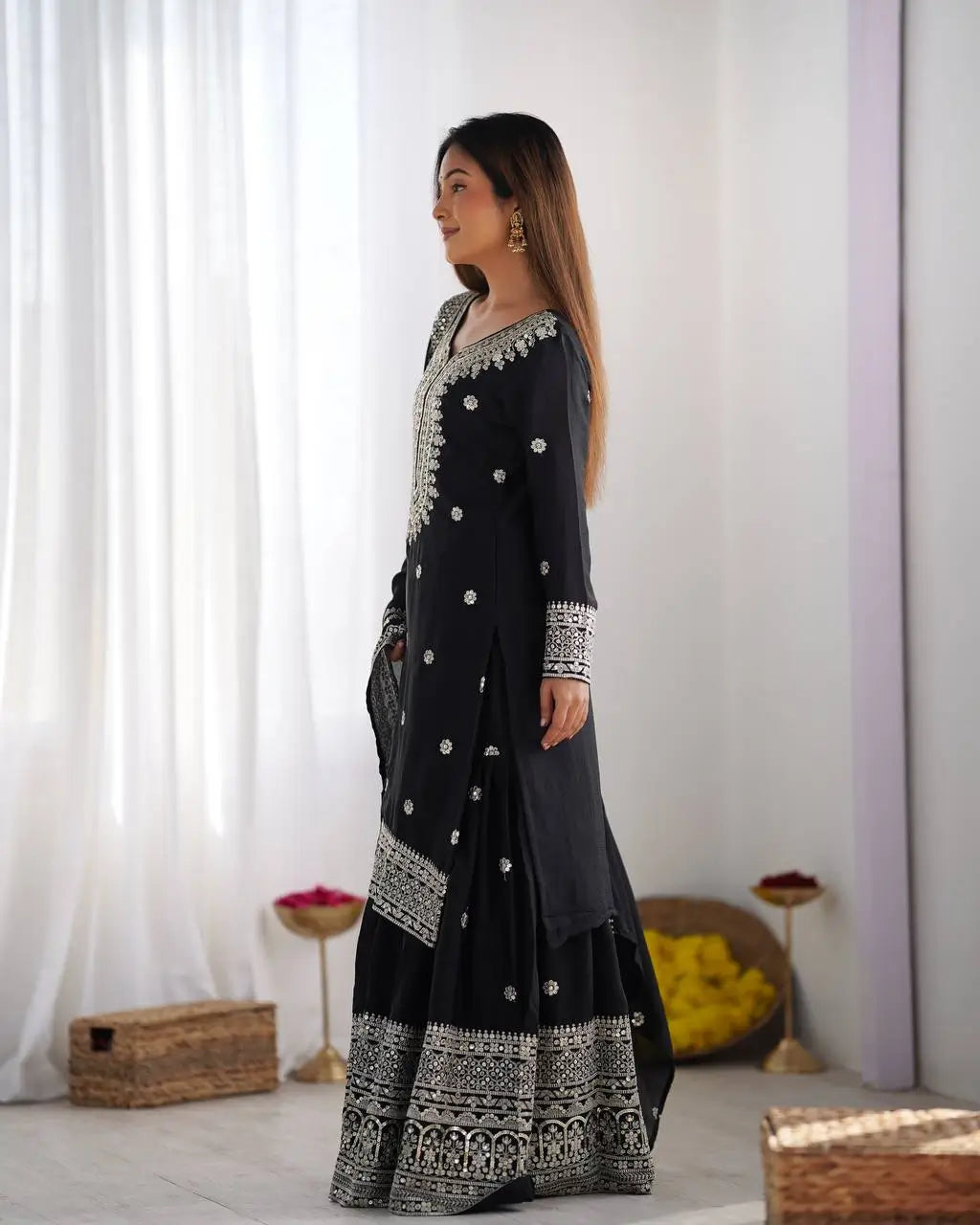 Designer Chinnon Silk Sharara Suit with Embroidery and Dupatta