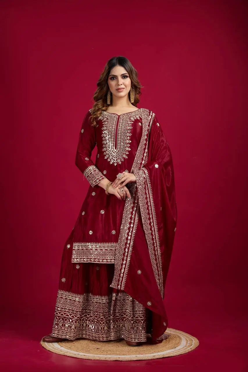 Designer Chinnon Silk Sharara Suit with Embroidery and Dupatta