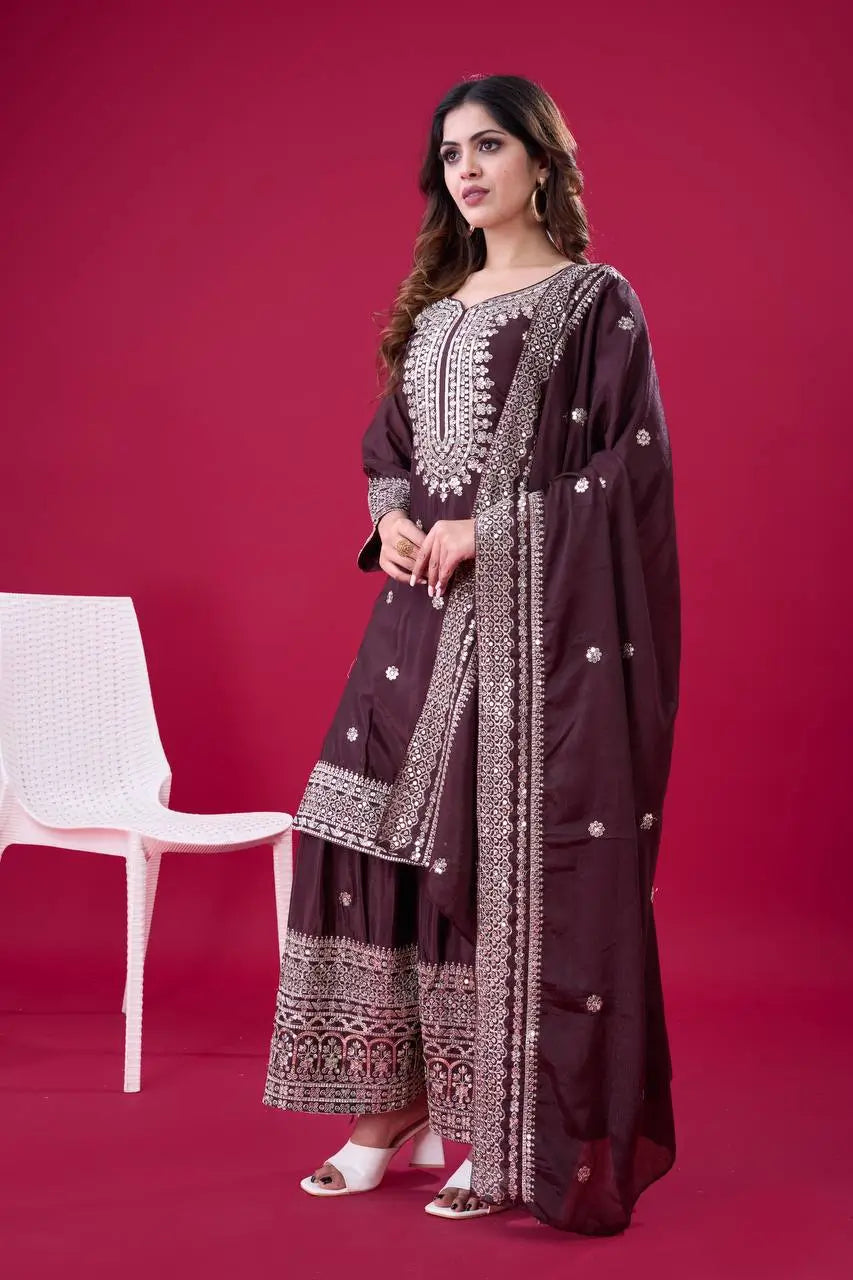 Designer Chinnon Silk Sharara Suit with Embroidery and Dupatta