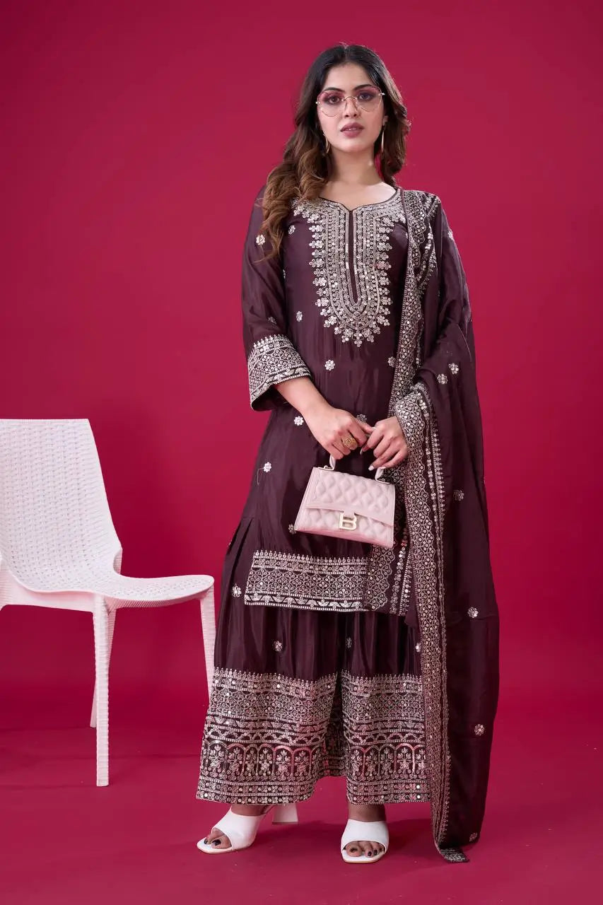 Designer Chinnon Silk Sharara Suit with Embroidery and Dupatta