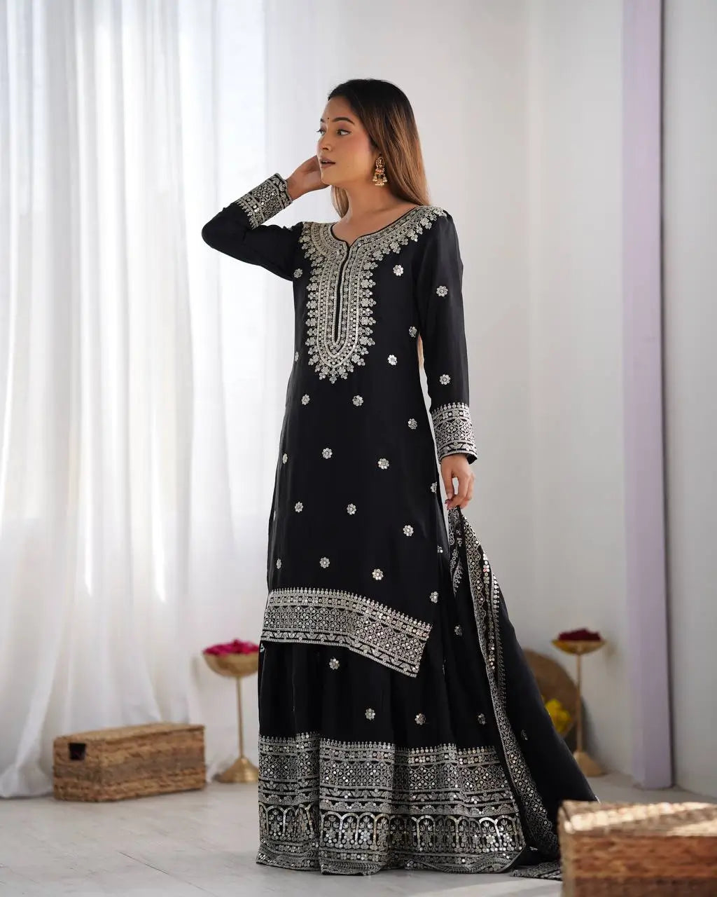 Designer Chinnon Silk Sharara Suit with Embroidery and Dupatta