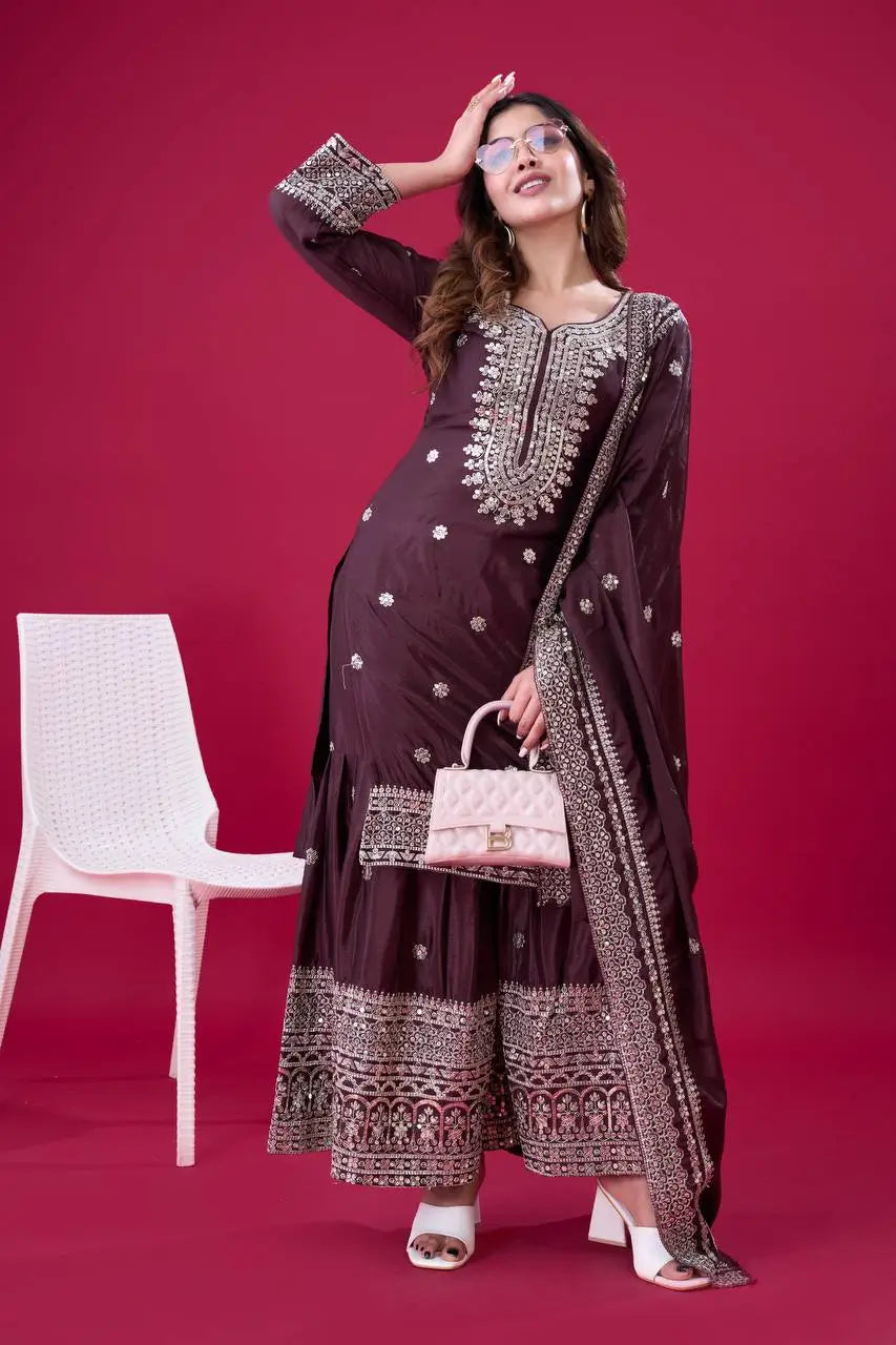 Designer Chinnon Silk Sharara Suit with Embroidery and Dupatta