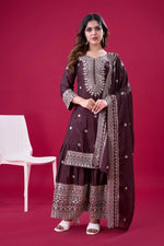 Designer Chinnon Silk Sharara Suit with Embroidery and Dupatta