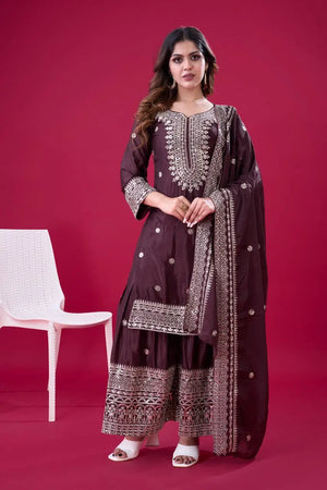 Designer Chinnon Silk Sharara Suit with Embroidery and Dupatta