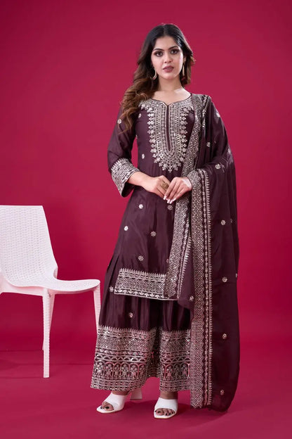 Designer Chinnon Silk Sharara Suit with Embroidery and Dupatta