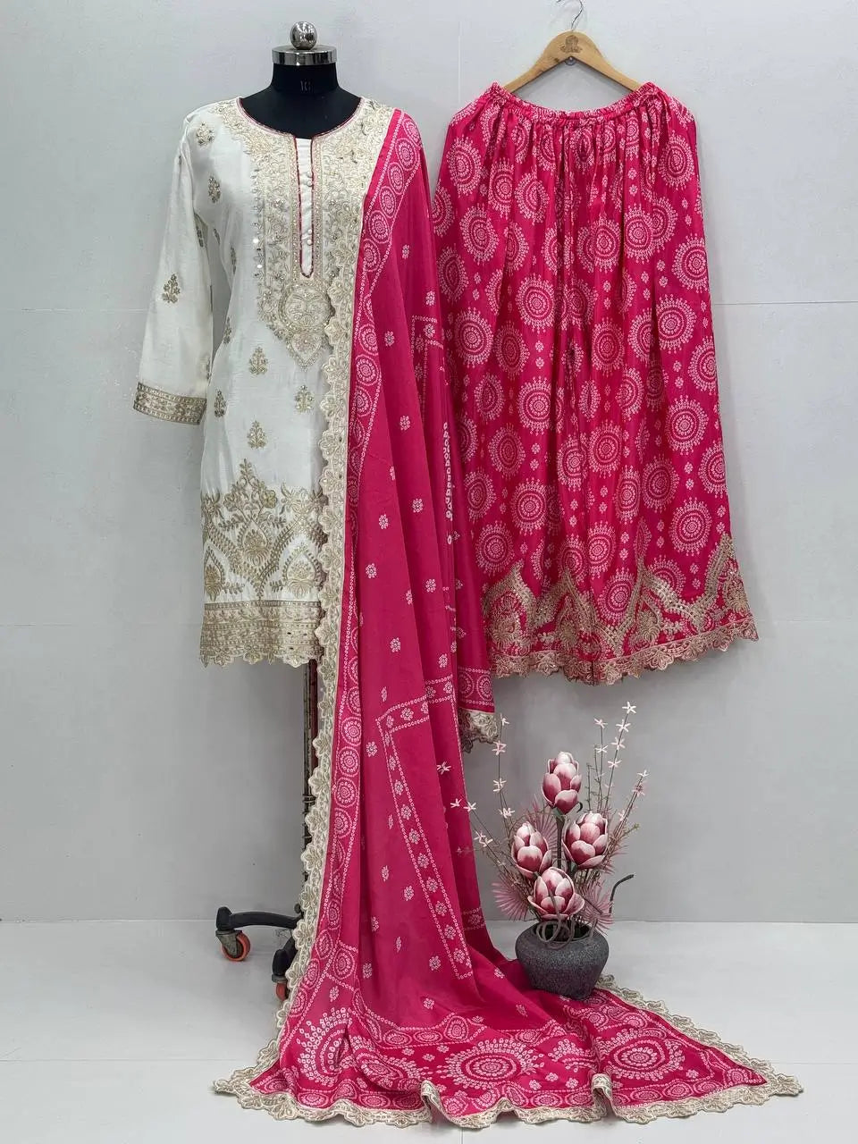 Designer Chinon Sharara Suit with Digital Print & Mirror Work